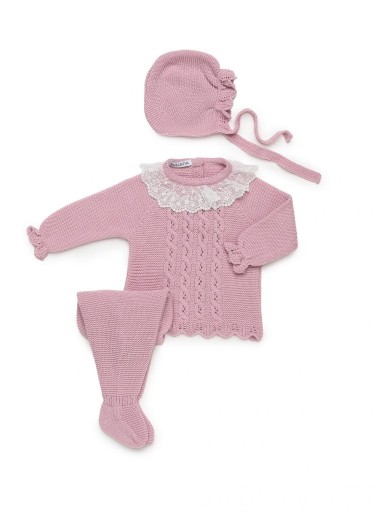 Juliana Vistiendo Bebés Conjunto Punto Polaina 3P Jersey Rosa Volante puntilla y Gorro "Vereda" 26542 [1]