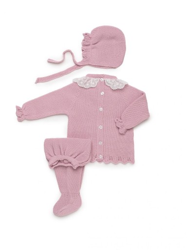 Juliana Vistiendo Bebés Conjunto Punto Polaina 3P Jersey Rosa Volante puntilla y Gorro "Vereda" 26542 [2]