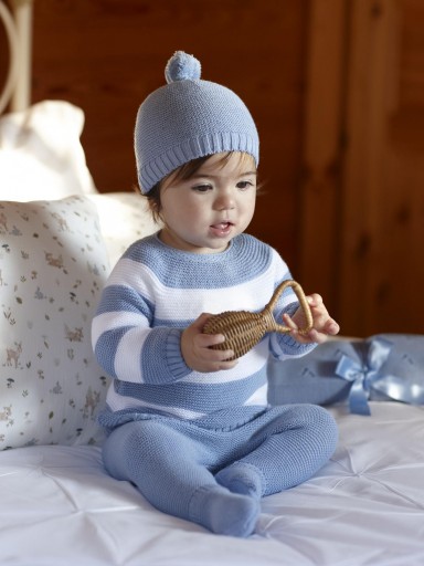 Juliana Vistiendo Bebés Conjunto 3P Punto Polaina Azul Jersey Rayas Azul Blanco Gorro "Rastro" 26543 [0]