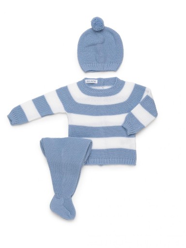 Juliana Vistiendo Bebés Conjunto 3P Punto Polaina Azul Jersey Rayas Azul Blanco Gorro "Rastro" 26543 [1]