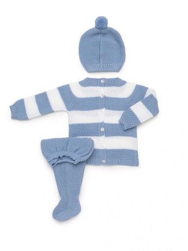 Juliana Vistiendo Bebés Conjunto 3P Punto Polaina Azul Jersey Rayas Azul Blanco Gorro "Rastro" 26543 [2]