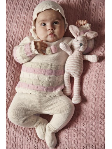 Juliana Vistiendo Bebés Conjunto Punto Polaina 3P Jersey Rosa Beige Pompones y Gorro "Calma" 26556 [0]