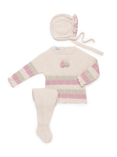 Juliana Vistiendo Bebés Conjunto Punto Polaina 3P Jersey Rosa Beige Pompones y Gorro "Calma" 26556 [1]