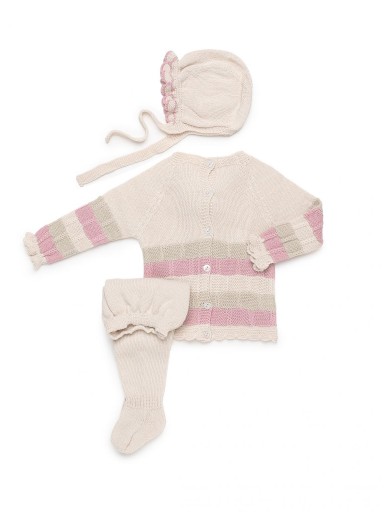 Juliana Vistiendo Bebés Conjunto Punto Polaina 3P Jersey Rosa Beige Pompones y Gorro "Calma" 26556 [2]