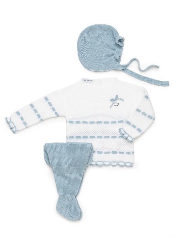 Juliana Vistiendo Bebés Conjunto Punto Polaina 3P Jersey Blanco y Azul  Gorro "Cielo" 26561