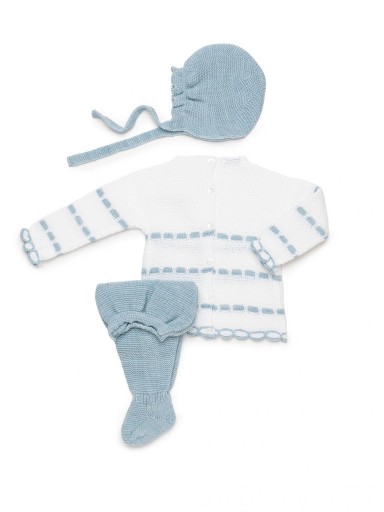Juliana Vistiendo Bebés Conjunto Punto Polaina 3P Jersey Blanco y Azul  Gorro "Cielo" 26561 [1]