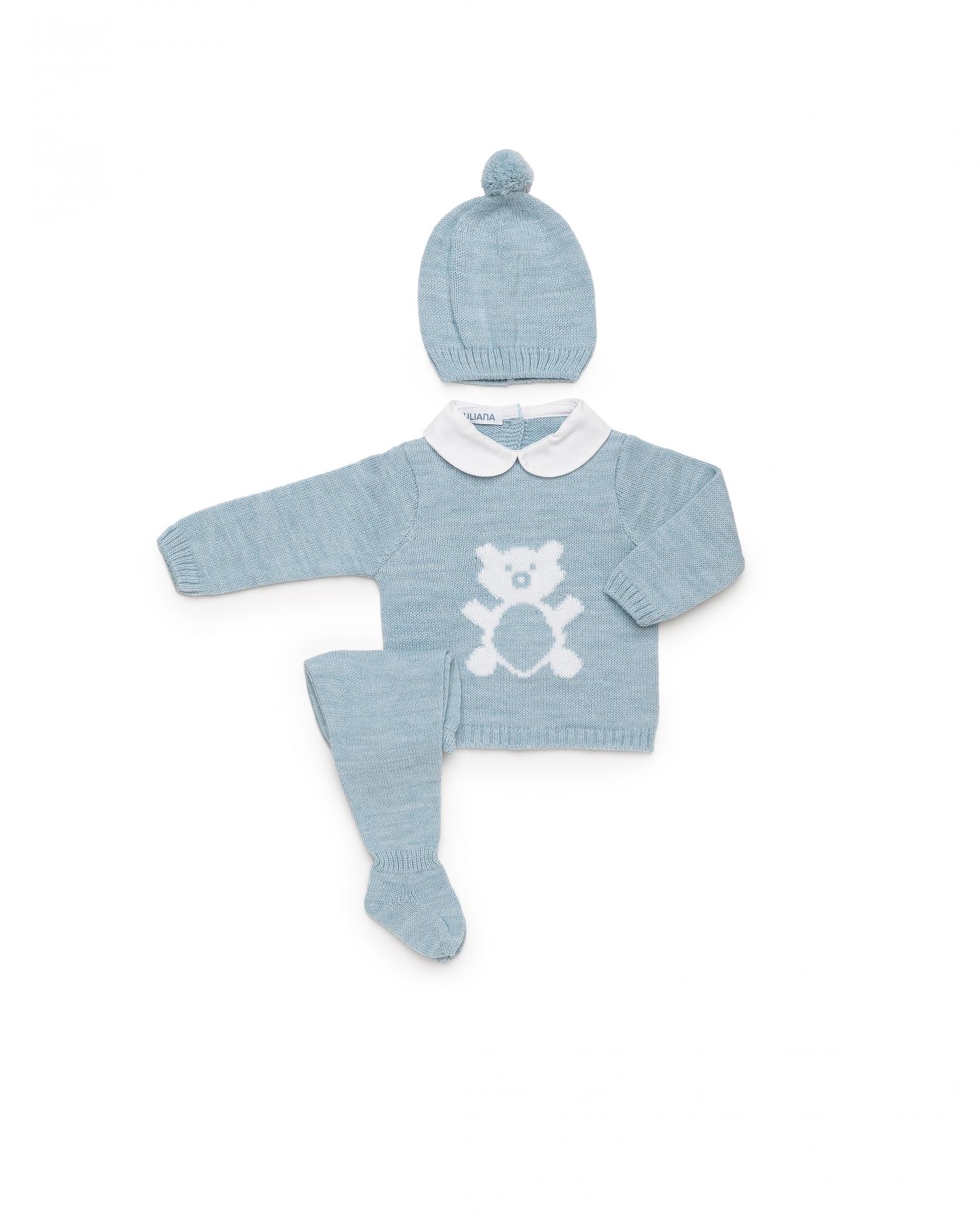 Juliana Vistiendo Bebés Conjunto Punto Polaina 3P Jersey Azul Osito y Gorro "Nido" 26562