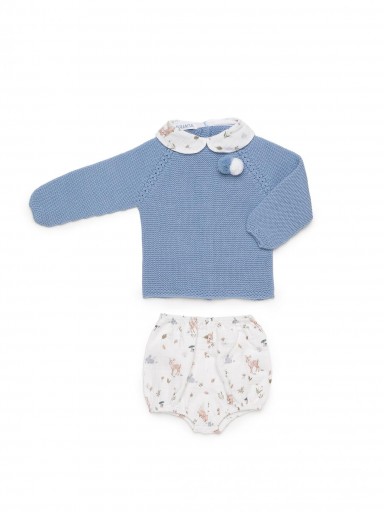 Juliana Vistiendo Bebés Conjunto Niño Jersey Celeste Pompones Pantalon Estampado Animales Bosque "Rastro" 26586 [1]