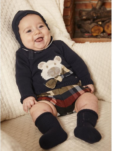 Juliana Vistiendo Bebés Conjunto Niño Jersey Marino Osito lazada Pantalon Cuadros "Dorado" 26587 [0]
