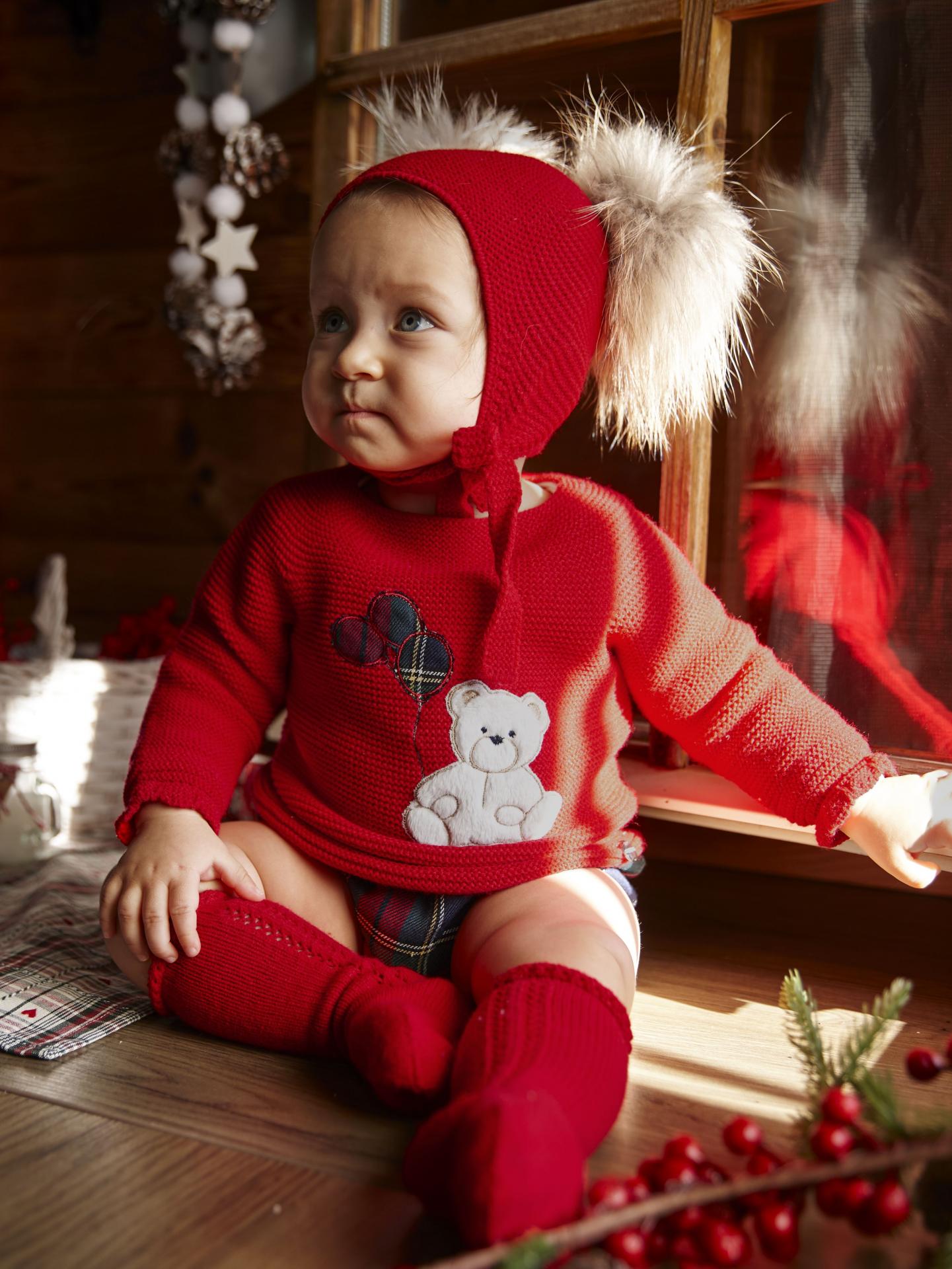 Juliana Vistiendo Bebés Conjunto Niño Jersey Rojo Osito Pantalon Cuadro Escoces "Baya" 26605