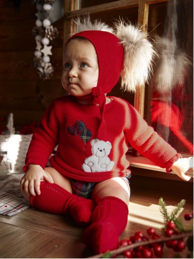 Juliana Vistiendo Bebés Conjunto Niño Jersey Rojo Osito Pantalon Cuadro Escoces "Baya" 26605