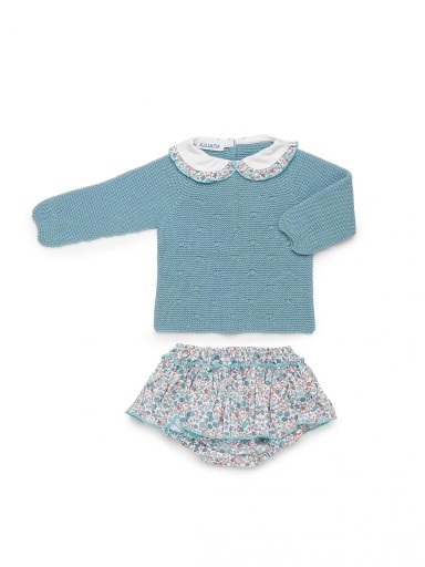 Juliana Vistiendo Bebés Conjunto Braguita Sobrefalda Flores Jersey Azul Punto Cuellos "Aura" 26607 [4]