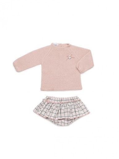 Juliana Vistiendo Bebés Conjunto Braguita  Sobrefalda Cuadros gris Jersey rosa Punto "Nido" 26609 [2]