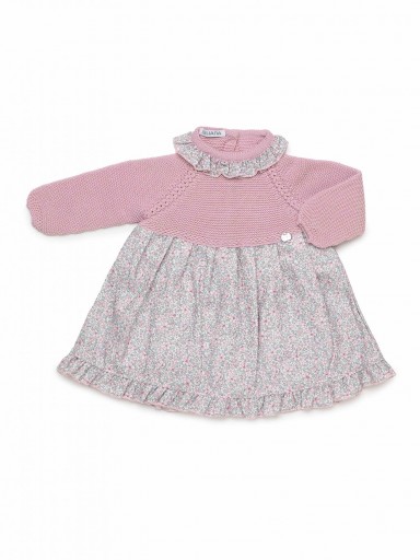Juliana Vistiendo Bebés Vestido Cuerpo Punto Rosa Falda Estampada Flores Rosa Volante Cuello "Vereda" 26652 [1]