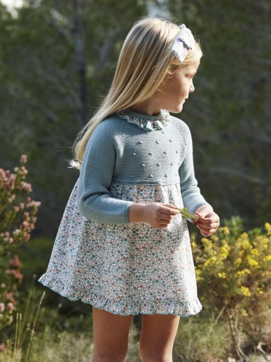 Juliana Vistiendo Bebés Vestido Cuerpo Punto Azul Falda Estampada Flores Azul  Volante Cuello "Aura" 26655 [0]