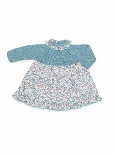 Juliana Vistiendo Bebés Vestido Cuerpo Punto Azul Falda Estampada Flores Azul  Volante Cuello "Aura" 26655 [2]