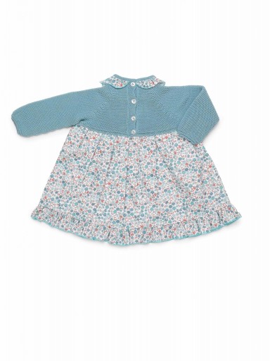 Juliana Vistiendo Bebés Vestido Cuerpo Punto Azul Falda Estampada Flores Azul  Volante Cuello "Aura" 26655 [3]