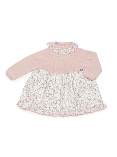 Juliana Vistiendo Bebés Vestido Cuerpo Punto Rosa Falda Estampada Ramas Volante Cuello "Ladera" 26656 [1]