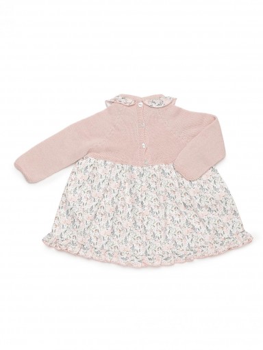 Juliana Vistiendo Bebés Vestido Cuerpo Punto Rosa Falda Estampada Ramas Volante Cuello "Ladera" 26656 [2]