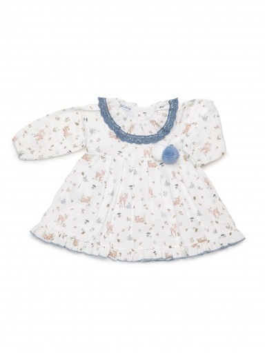 Juliana Vistiendo Bebés Vestido Blanco Estampado Animales del Bosque Volante Cuello Pompones "Rastro" 26664 [1]