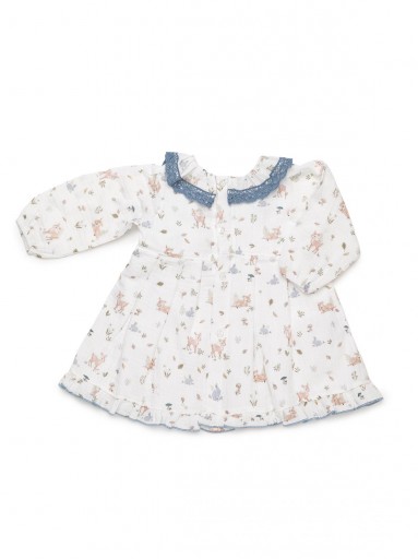 Juliana Vistiendo Bebés Vestido Blanco Estampado Animales del Bosque Volante Cuello Pompones "Rastro" 26664 [2]