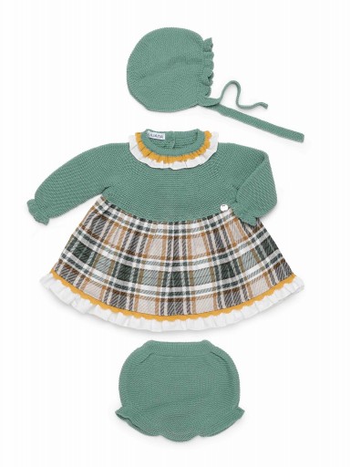 Juliana Vistiendo Bebés Jesusito Vestido cuerpo Punto Verde falda Cuadros Braguita Capota "Selva" 26682 [1]