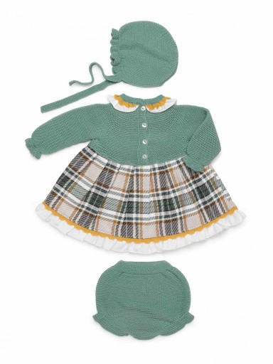 Juliana Vistiendo Bebés Jesusito Vestido cuerpo Punto Verde falda Cuadros Braguita Capota "Selva" 26682 [2]