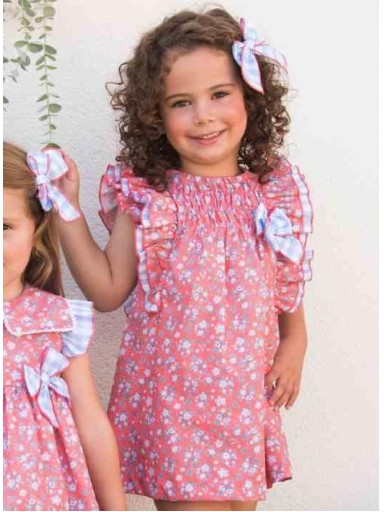 Daniesty Vestido Manga Corta Evase Estampado Flores Rojas Volante cuadro Vichy Azul Familia Venecia  004 [0]