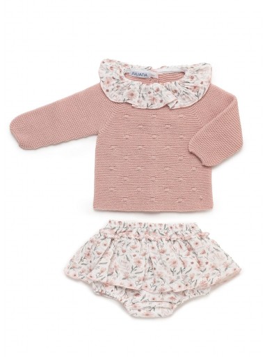 Juliana Vistiendo Bebés Conjunto  Jersey Rosa Empolvado Ranita Volante Flores "Arte" 25602 Rosa Empolvado