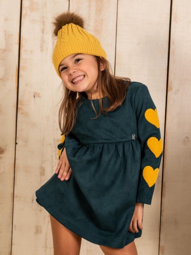 Vera Vestido Infantil Talle Alto Antelina Verde Aplicación Corazones Borreguito Amarillo 23IV05 Nekenia