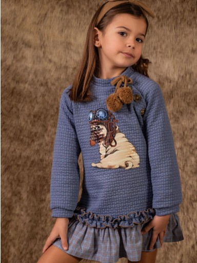 Vera Vestido Infantil Talle Bajo Azul Serigrafía Perro Pompones Volante Cuadros Bajo 23IV20 Nekenia