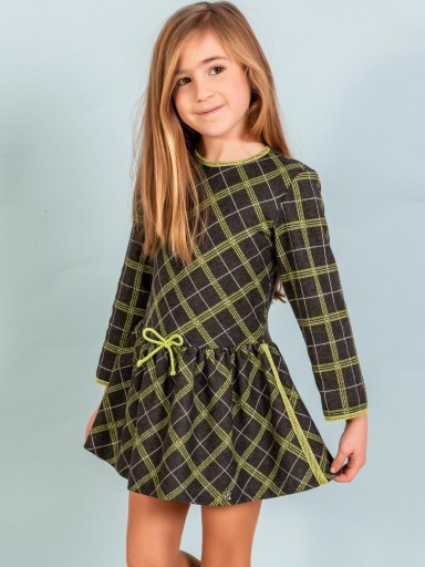 Nekenia Vestido infantil Talle Bajo Punto Gris Cuadros Verde Fluor Lazo Cordón Vivos 2311821