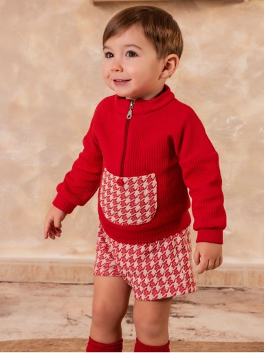 Nekenia Conjunto Niño Sudadera Roja Bolsillo Pantalón Corto Pata de Gallo 2311008