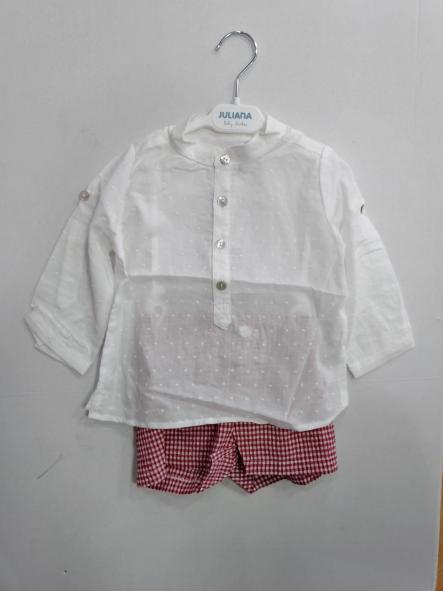 Nekenia Conjunto Bebé Camisa M/L Plumeti Blanco Pantalon Corto Cuadro Vichy 24VC19 Rojo