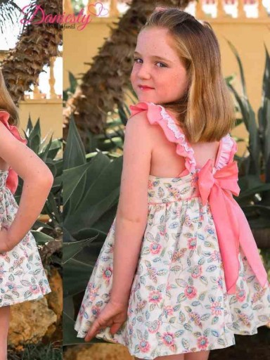 Daniesty Vestido Infantil Vuelo estampado Flores Volante Rosa Familia Garden 002 [1]