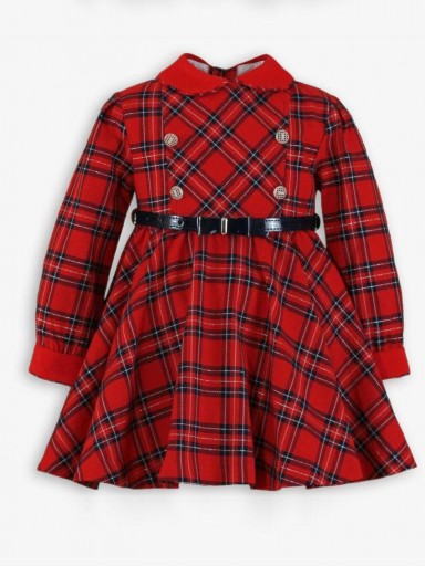 Miranda Vestido Infantil  Ceremonia Rojo Cuadro Escoces Falda Acampanada Botones "Ginger" 0232/V [2]