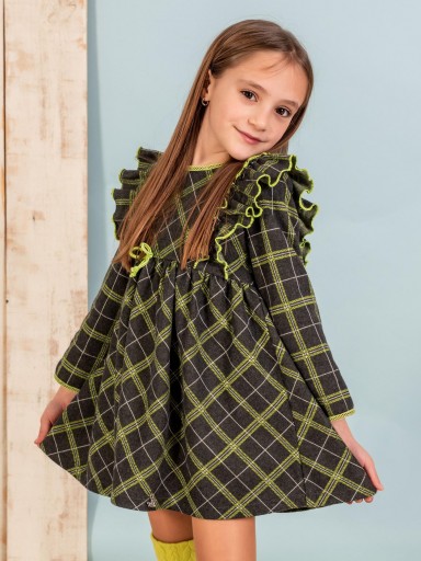 Nekenia Vestido infantil Talle Alto Punto Gris Cuadros Verde Fluor Volante Hombros Lazada Cordón 2311823