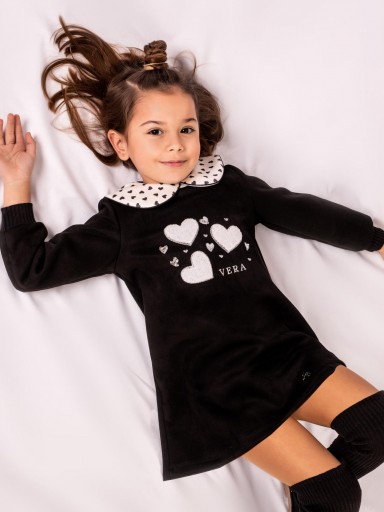 Nekenia Vestido Infantil Evasé Negro Estampado Corazones Blancos 2311810