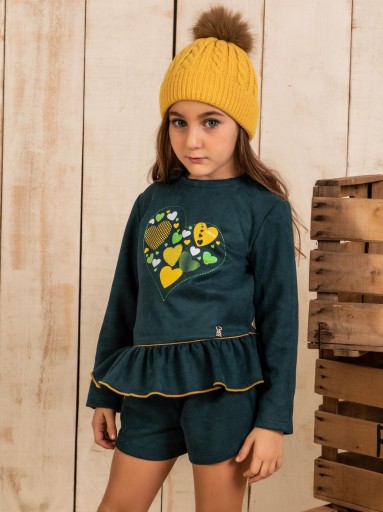 Vera Conjunto Infantil Sudadera Antelina Verde Bordado Corazones Pantalón corto 23IC06