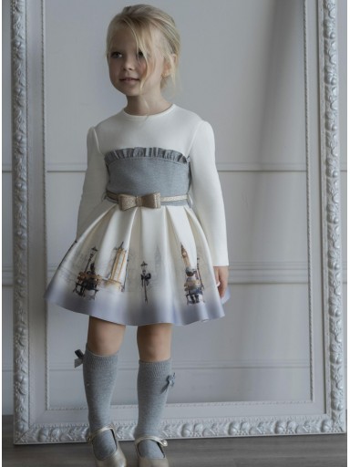 Miranda Vestido Ceremonia Infantil  Degradado Gris Estampado Londres Cinturón Lazada "Haven" 0236/V [1]