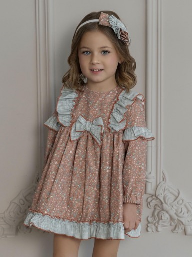 Miranda Vestido Infantil Ceremonia  Caldera Estampado Flores Detalles Cuadro Vichy Azul "Jaiden" 0253/V