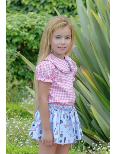 Daniesty Conjunto "LAGUNA" Infantil Falda Estampada flamencos Blusa Cuadro Vichy 014