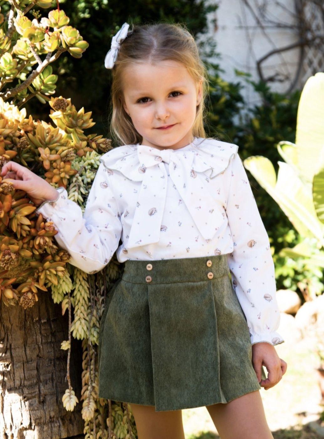 Daniesty Conjunto Infantil Camisa Blanca Estampada Falda Tablas Verde 010