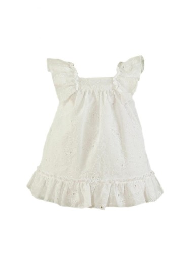 Miranda Vestido bebe Vuelo Blanco Bordado Floral Volantes Hombros Escote Espalda 035/0500/V