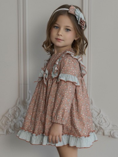 Miranda Vestido Infantil Ceremonia  Caldera Estampado Flores Detalles Cuadro Vichy Azul "Jaiden" 0253/V [3]