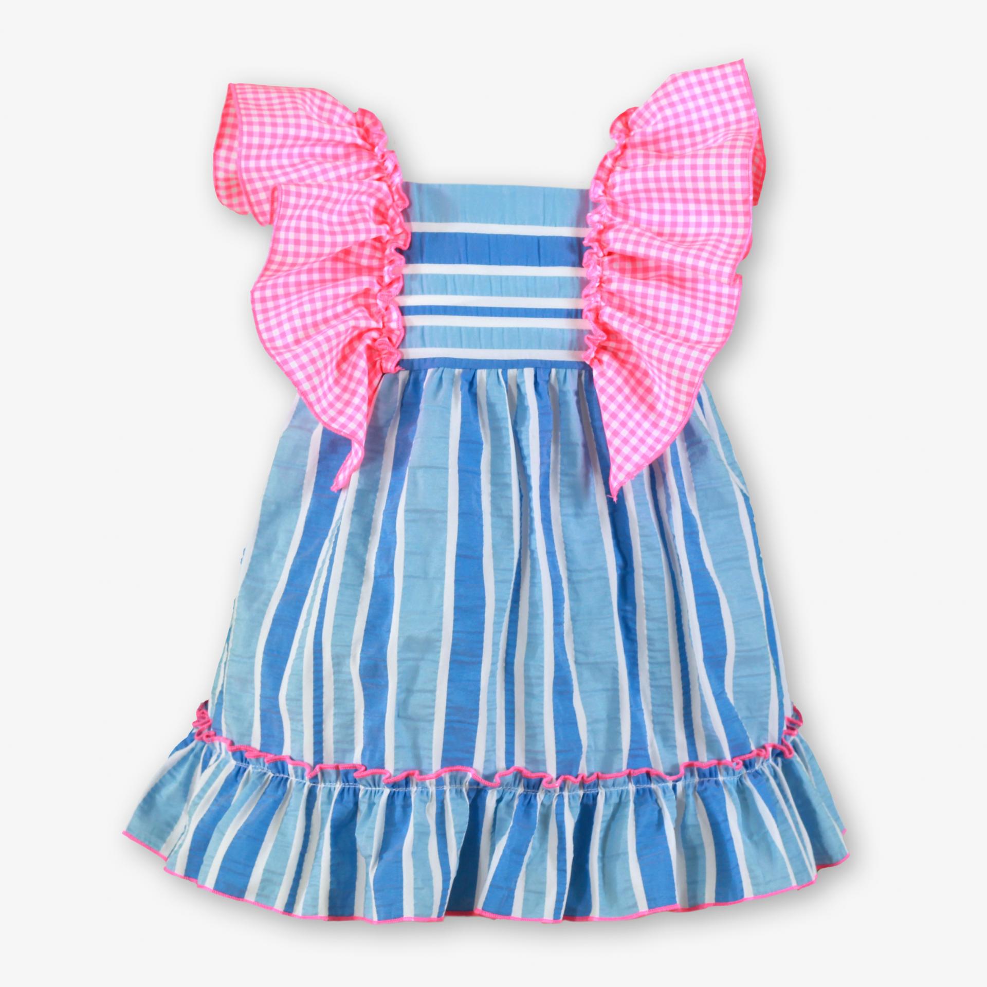 Miranda vestido Bebe Rayas Azul Volante Cuadro Rosa Fluor "Flor de Loto" 0518/V