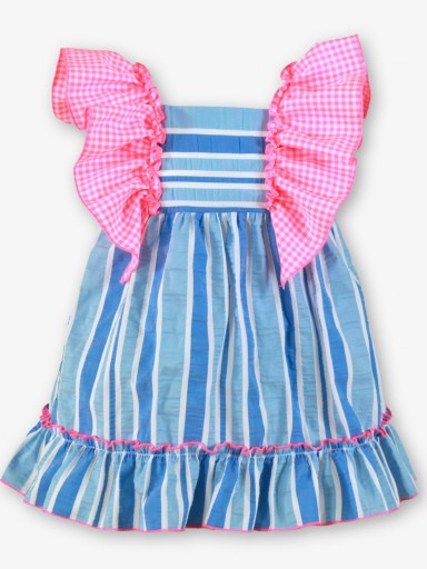 Miranda vestido Bebe Rayas Azul Volante Cuadro Rosa Fluor "Flor de Loto" 0518/V [0]