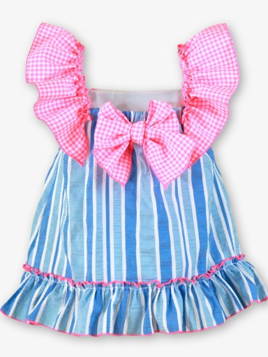 Miranda vestido Bebe Rayas Azul Volante Cuadro Rosa Fluor "Flor de Loto" 0518/V [1]