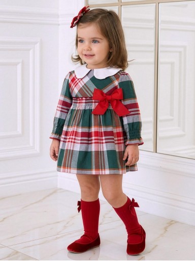 Miranda Vestido Bebe Cuadros escoceses Verde Cuello Blanco Lazada Roja "Boo" 0518V [0]