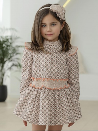 Miranda Vestido Infantil Ceremonia Estampado Geométrico Marrón Cuadro Vichy "Aria" 0608/V